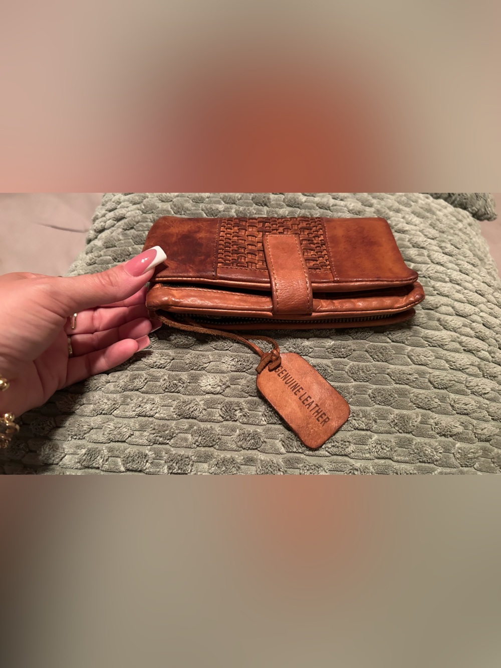 Genuine Leather Woven Detail Women's Wallet - Brown
